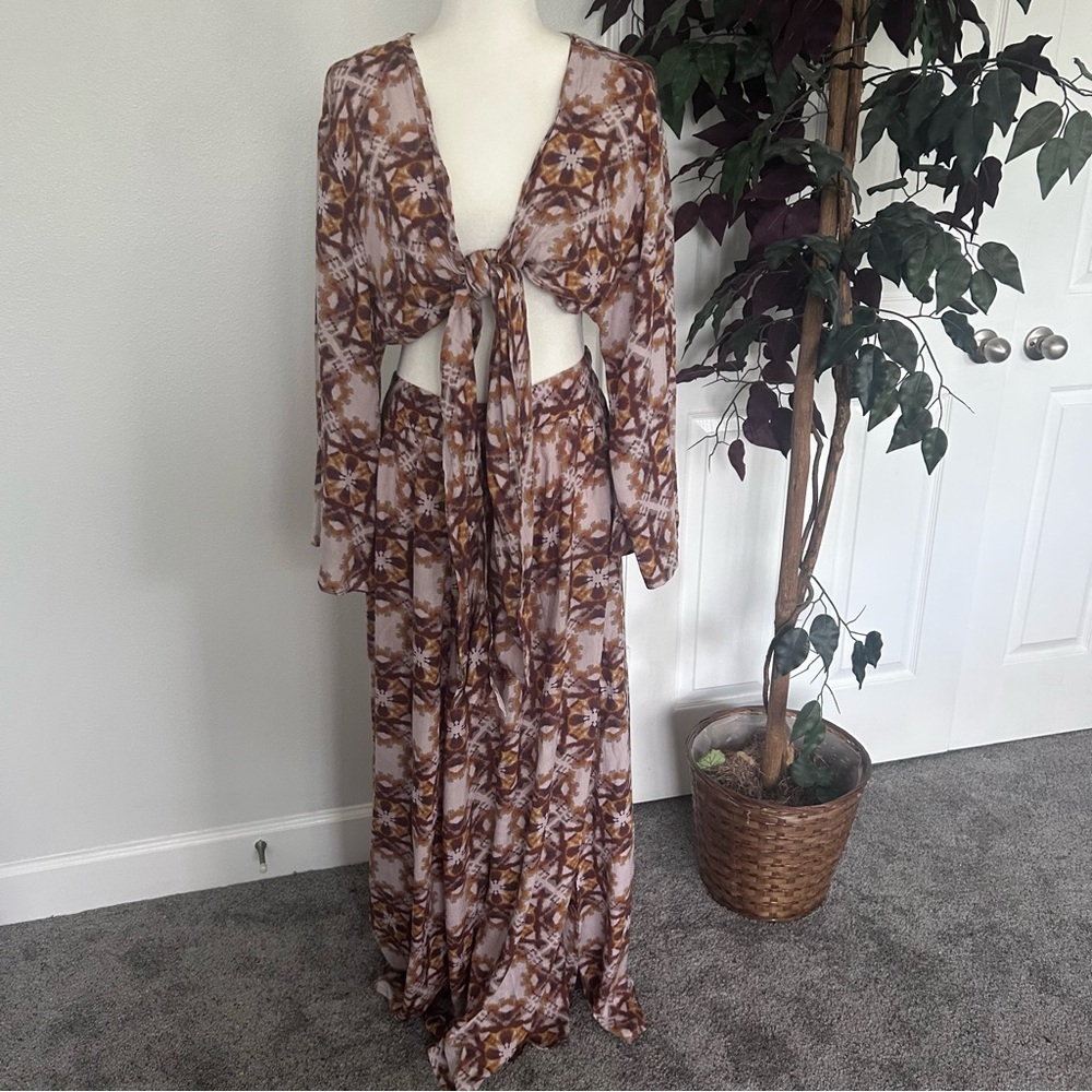 Boho Tie-Front Maxi Skirt Set in Brown Floral